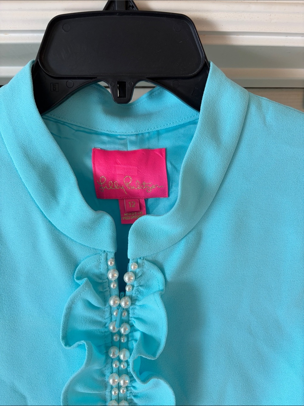 Lilly Pulitzer aqua tiffany blue zip front dress w/pearl & ruffle detail sz 12 - Picture 2 of 3